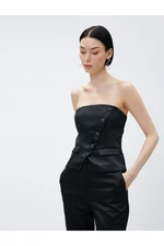 Koton Strapless Satin Evening Dress Blouse Button Detailed