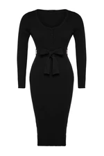 Trendyol Curve Black Knitwear Dress with Tie Detail and Buttons at the waist