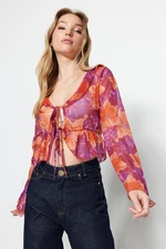 Trendyol Pink Floral Pattern Lace-Up and Ruffle Detailed Crop, Stretchy Tulle Knitted Blouse