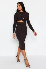 Trendyol Brown Fitted Knitted Window/Cut Out Detailed Evening Dress with Accessories