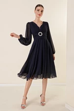 By Saygı V-Neck Front Buckle Draped Lined Chiffon Dress Navy Blue