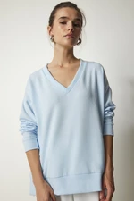 Happiness İstanbul Women's Sky Blue V-Neck Soft Knitted Sweater