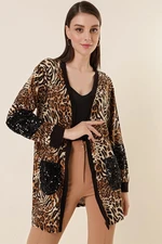 By Saygı Leopard Pattern with Detailed Pockets Lycra Cardigan Brown.