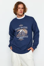 Trendyol Indigo Men's Oversize/Wide Cut Motorcycle Printed Fleece Inner Sweatshirt