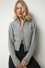 Happiness İstanbul Women's Gray Zippered Knitting Pattern Sweater Cardigan