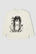 DEFACTO Girl's Oversize Fit Crew Neck Printed Long Sleeve T-shirt