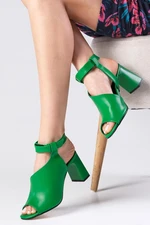 Mio Gusto Sonya Green Color Asymmetric Cut Ankle Strap Women's Thick Heeled Sandals