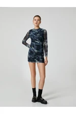 Koton Tulle Mini Dress Draped Long Sleeve Tie Dye Patterned Lined