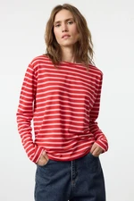 Trendyol Red-Pink Striped Regular/Normal Pattern Basic Crew Neck Knitted T-Shirt