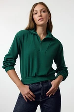 Trendyol Emerald Green Stand Collar Zippered Crop Knit Sweatshirt