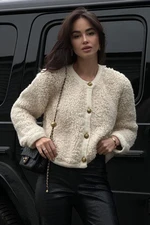 Madmext Beige Buttoned Boucle Knitwear Cardigan