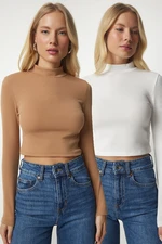 Happiness İstanbul Women's White Biscuit Stand-Up Collar Ribbed Camisole 2-Pack Crop Top