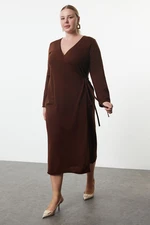 Trendyol Curve Brown Double Breasted Tie Detailed Midi Knitwear Dress