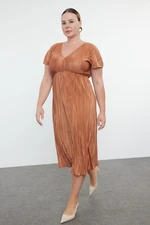 Trendyol Curve Brown Reversible Pleated Midi Plus Size Dress