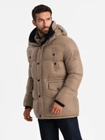 Ombre Men's long puffer jacket with snap pockets - brown