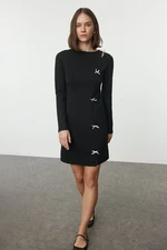 Trendyol Black Straight Bow Detailed Mini Bodycone/Fitting Stretchy Knitted Dress