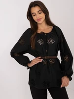 Black openwork women's blouse with belt