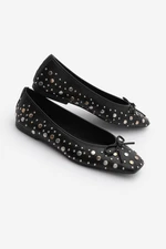 Marjin Women's Blunt Toe Studded Bow Detail Casual Ballerinas Vandera Black