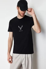 Trendyol Black Regular Cut Deer Embroidered 100% T-Shirt