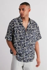 Trendyol Navy Blue Oversize Fit 100% Viscose Patterned Short Sleeve Casual Summer Shirt