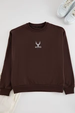 Trendyol Dark Brown Oversize/Wide Cut Crew Neck Long Sleeve Animal Embroidered Sweatshirt