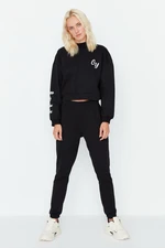 Trendyol Black Printed Crop and Basic Jogger Fleece Inside Knitted Tracksuit Set