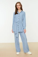 Trendyol Blue Belted Wide Leg Weave Aerobin Shirt-Pants Set