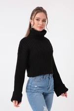 Lafaba Women's Black Wide Ribbed Turtleneck Crop Sweater