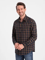 Ombre Men's plaid flannel shirt SLIM FIT - navy blue and orange