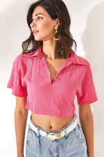 Olalook Women's Fuchsia Polo Collar Accessorized Crop Blouse