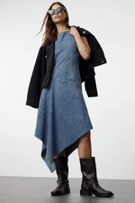 Trendyol Blue Stitching Detailed Asymmetrical Midi Denim Dress