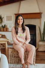 Trendyol Light Salmon 100% Cotton Slogan and Avocado Printed Knitted Pajama Set