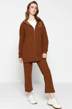 Trendyol Brown Oversize Zippered Hooded Cardigan Knitted Tracksuit