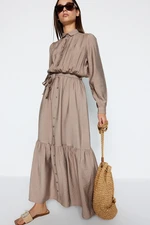 Trendyol Mink Belted Shoulder Detailed Skirt Flounce Woven Shirt Dress