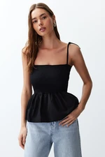 Trendyol Black Cotton Poplin Detailed Strap Flexible Knitted Blouse