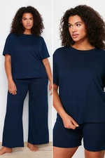 Trendyol Curve Navy Blue Crew Neck 3-Piece Knitted Pajamas Set