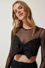 Happiness İstanbul Women's Black Bow Detailed Transparent Crop Blouse