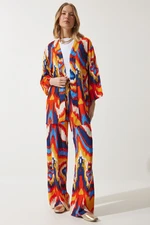 Happiness İstanbul Women's Orange Patterned Kimono Palazzo Trousers Set