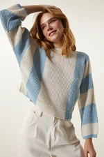 Happiness İstanbul Women's Cream Sky Blue Striped Seasonal Knitwear Sweater