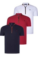 TRIPLE SET T8571 DEWBERRY ZIPPERED MENS T-SHIRT-NAVY BLUE-WHITE-BURGUNDY