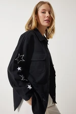 Happiness İstanbul Women's Black Star Embroidered Oversize Shirt Jacket