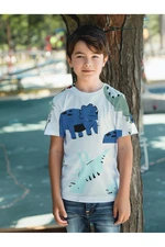 Trendyol White Boy's Dinosaur Patterned Short Sleeve Cotton Knitted T-Shirt