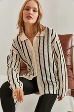 Bianco Lucci Women's Shirt Collar Long Sleeve Striped Cardigan