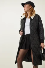 Happiness İstanbul Black Fur Collar Quilted Coat