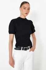 Trendyol Black Premium Textured Crop Stand Collar Flexible Balloon Sleeve Knitted Blouse