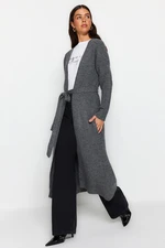 Trendyol Anthracite Belted Long Thessaloniki Knitted Sweater Cardigan