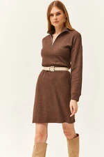 Olalook Women's Brown High Collar Zippered Casual Dress