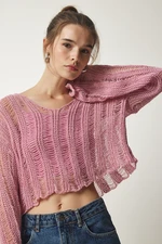 Happiness İstanbul Women's Pink V-Neck Ripped Detail Seasonal Crop Knitwear Sweater