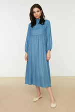 Trendyol Blue Floral Patterned Ruffles, Stand-Up Collar Woven Dress