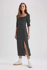 DEFACTO Regular Fit Heart Neck Vzorované Slit Midi šaty s krátkym rukávom